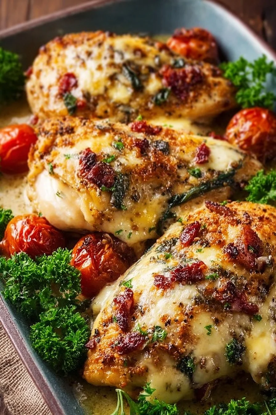 Delicious Baked Tuscan Chicken served with creamy sauce and fresh herbs