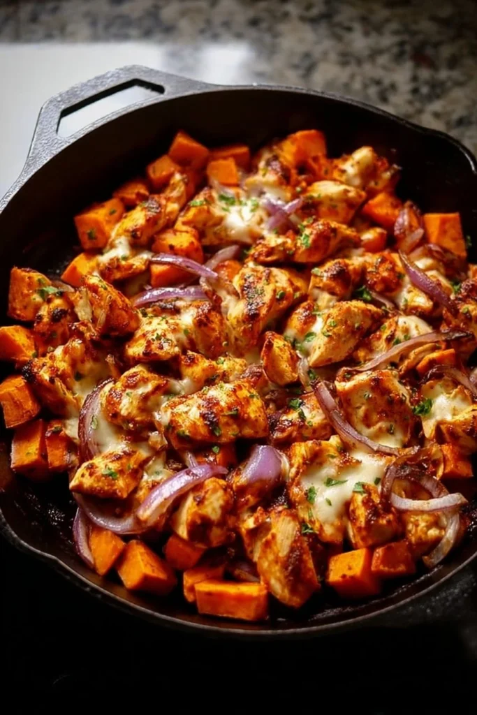 BBQ chicken sweet potato skillet in a pan, garnished and ready to serve.