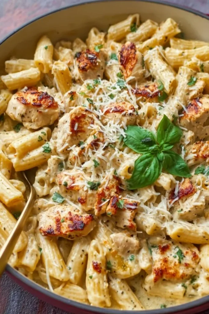 Delicious creamy chicken pasta dish with herbs and cheese.