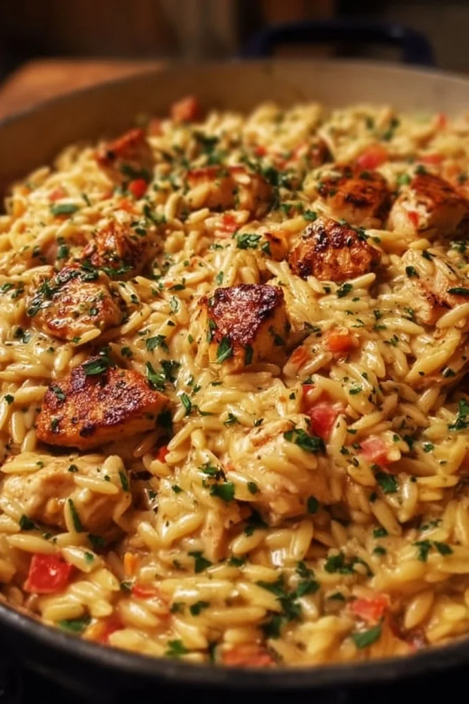 One pot Cajun Chicken Alfredo Orzo with vibrant spices and creamy sauce