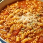 Delicious bowl of Pasta Fagioli topped with herbs and fresh ingredients