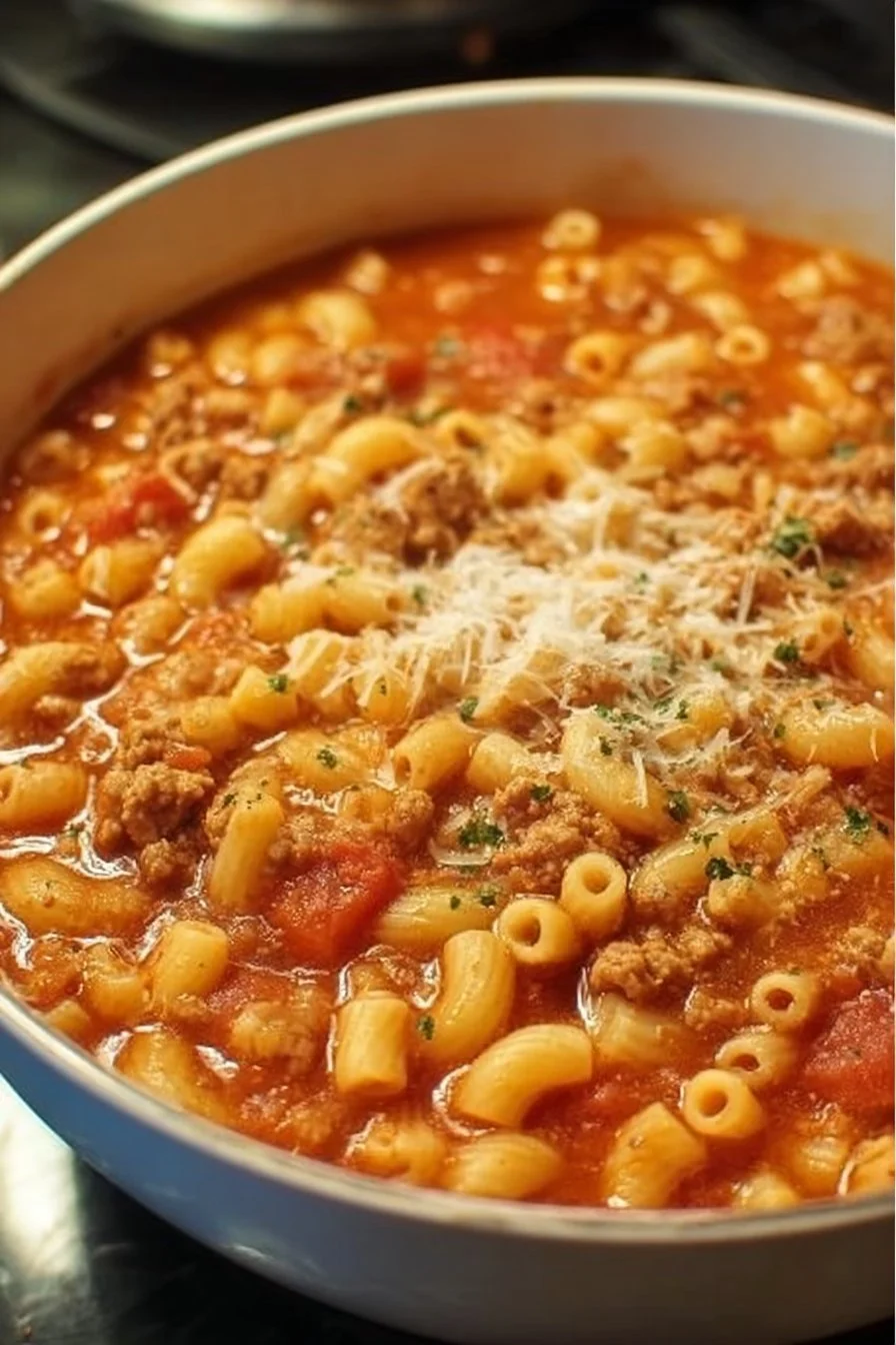 Delicious bowl of Pasta Fagioli topped with herbs and fresh ingredients