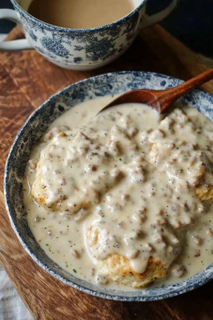 Delicious plate of biscuits and gravy topped with sausage and pepper gravy