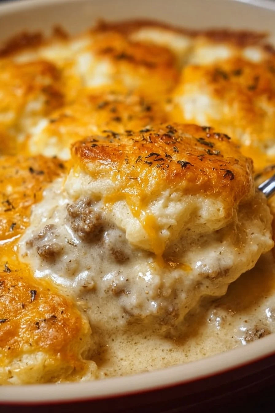 Delicious Biscuits and Gravy Casserole topped with savory sausage and gravy