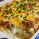Delicious Biscuits and Gravy Hashbrown Breakfast Casserole served in a dish