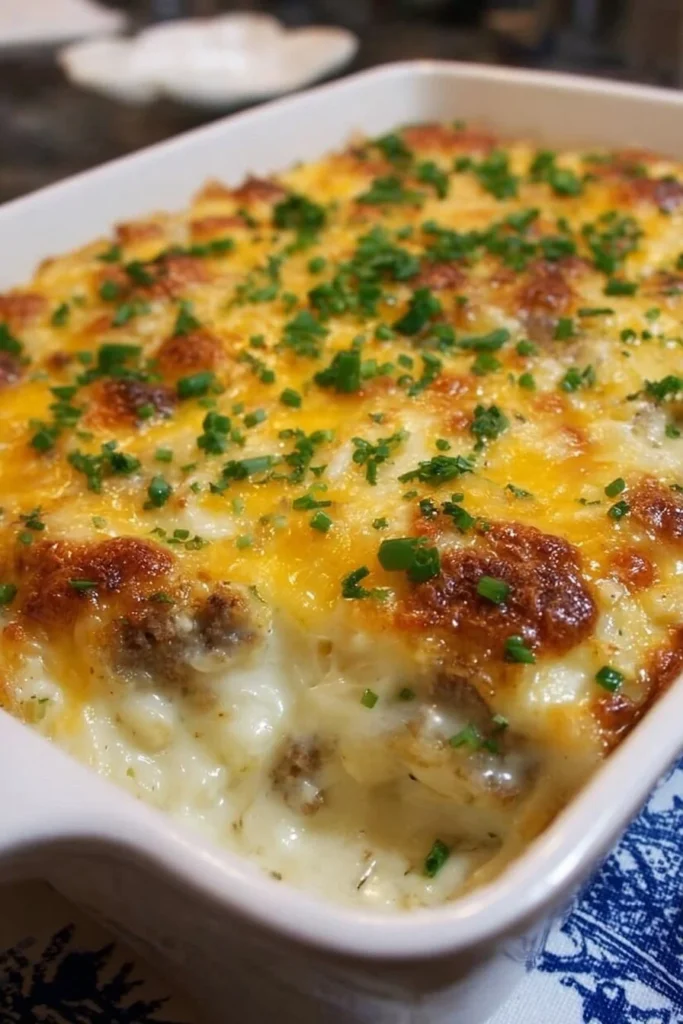 Delicious Biscuits and Gravy Hashbrown Breakfast Casserole served in a dish