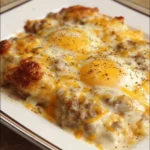 Biscuits and gravy breakfast casserole with eggs and sausage on a plate