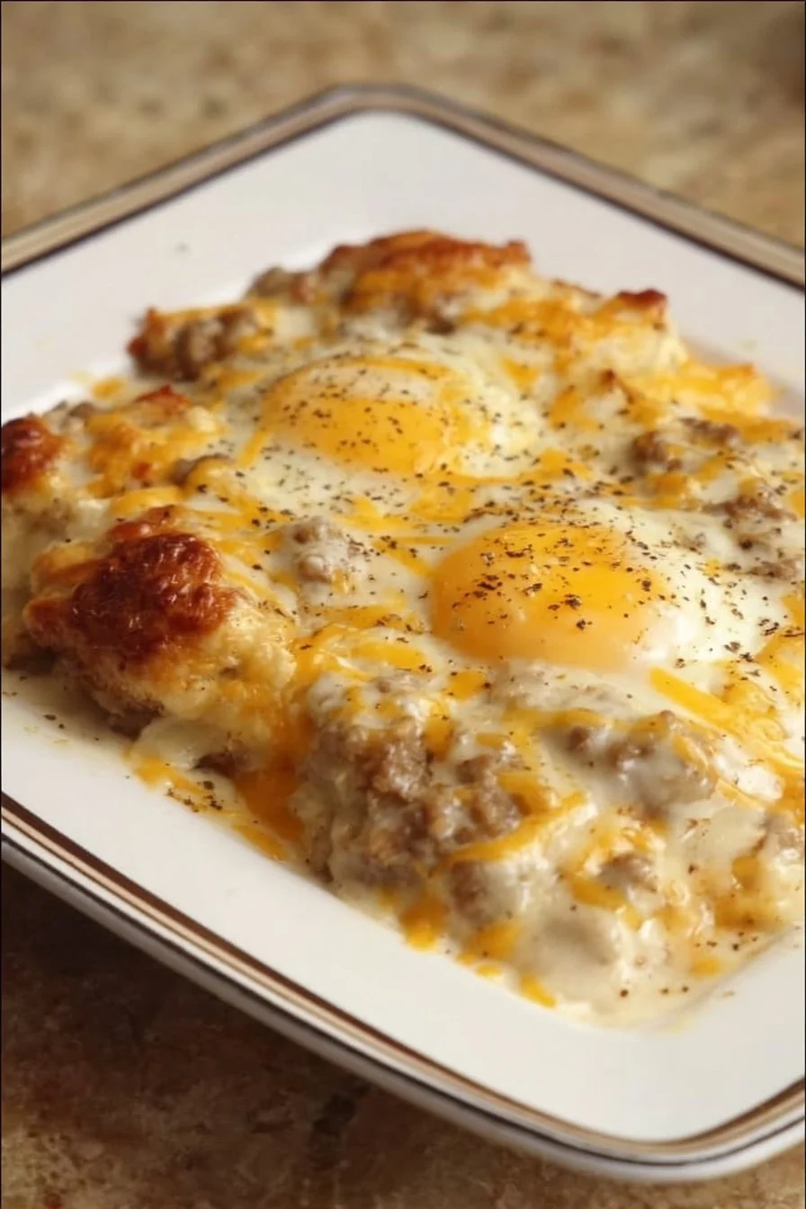 Biscuits and gravy breakfast casserole with eggs and sausage on a plate