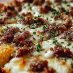 Biscuits and sausage gravy breakfast pizza topped with cheese and herbs.