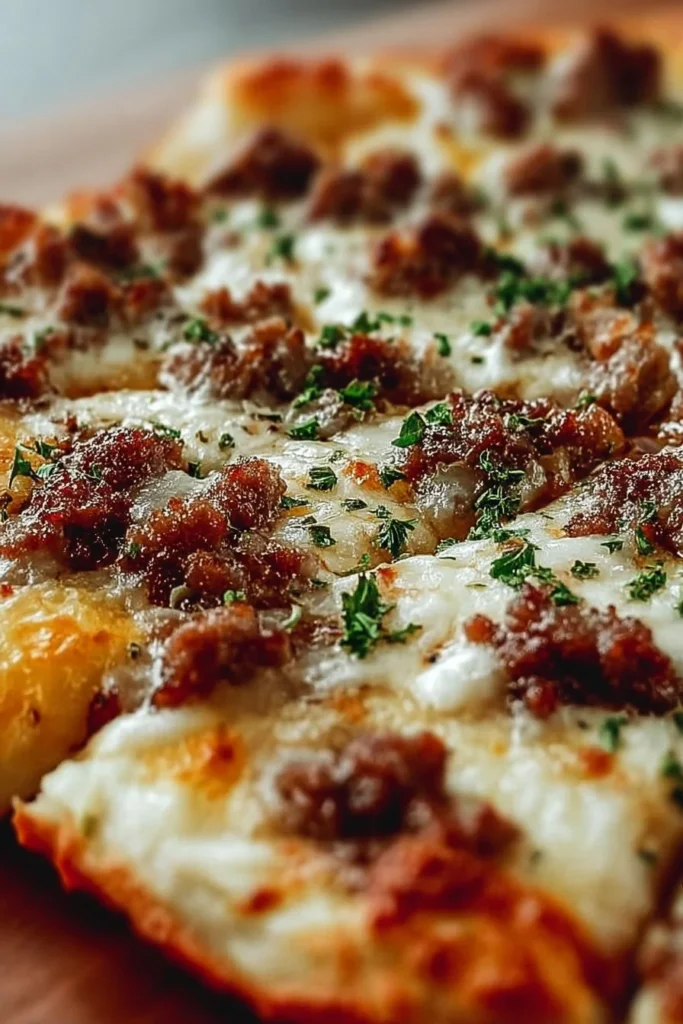 Biscuits and sausage gravy breakfast pizza topped with cheese and herbs.