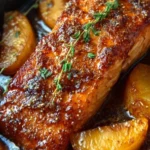 Delicious Bourbon Peach Roasted Salmon with sweet peach glaze.