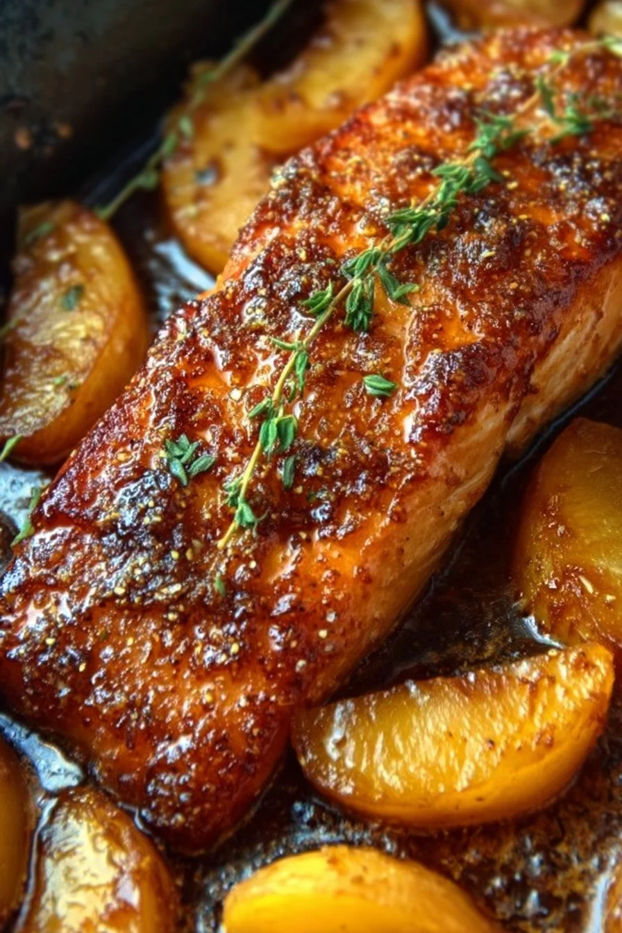 Delicious Bourbon Peach Roasted Salmon with sweet peach glaze.
