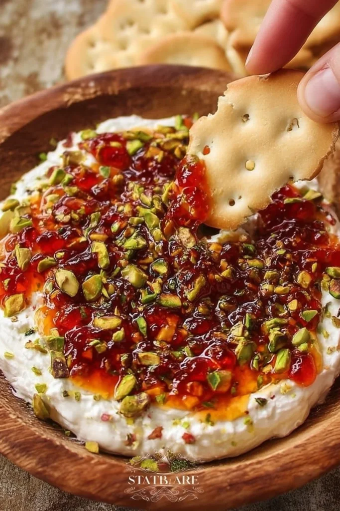 Boursin cheese dip with pepper jelly and pistachios served in a bowl