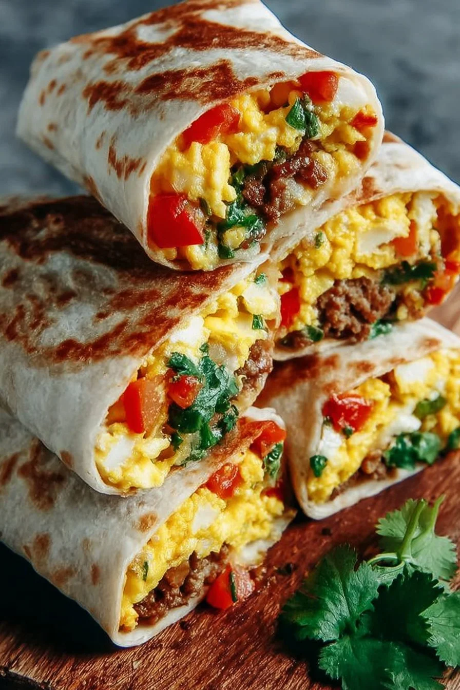Delicious breakfast burritos filled with eggs, cheese, and fresh ingredients