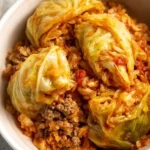Cabbage roll in a bowl featuring ground meat, rice, and tangy tomato sauce