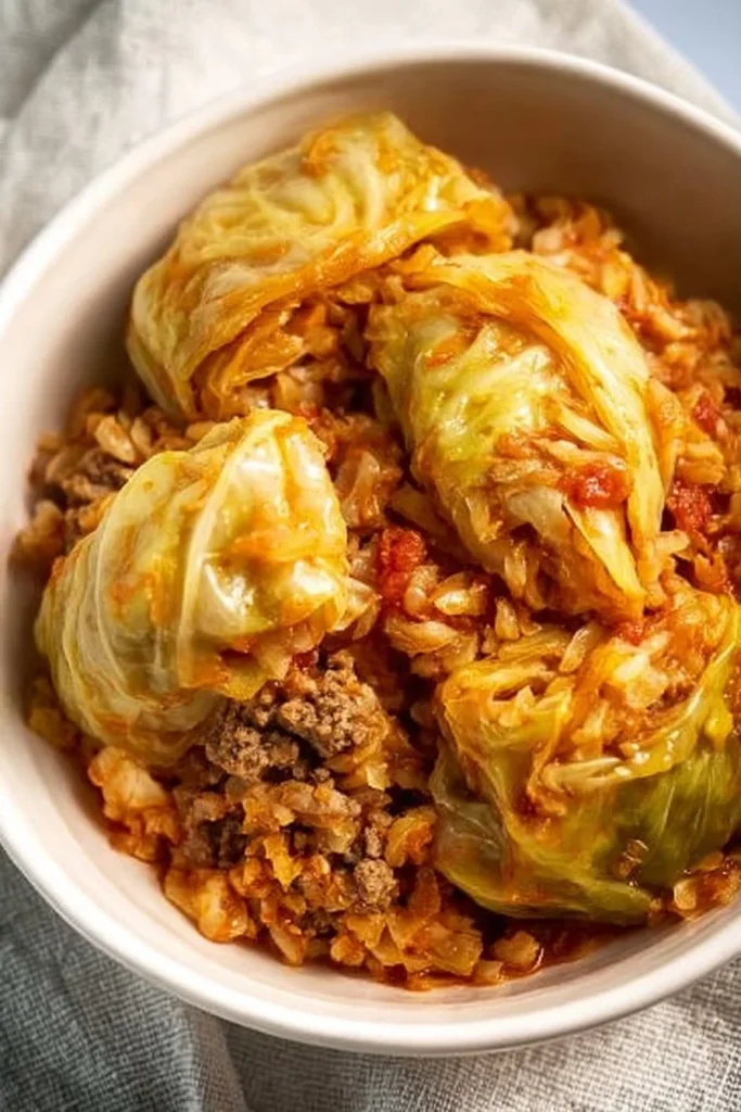 Cabbage roll in a bowl featuring ground meat, rice, and tangy tomato sauce