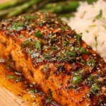 Cajun Honey Butter Salmon plated with fresh herbs and side vegetables