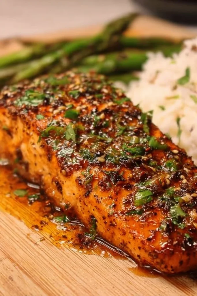 Cajun Honey Butter Salmon plated with fresh herbs and side vegetables