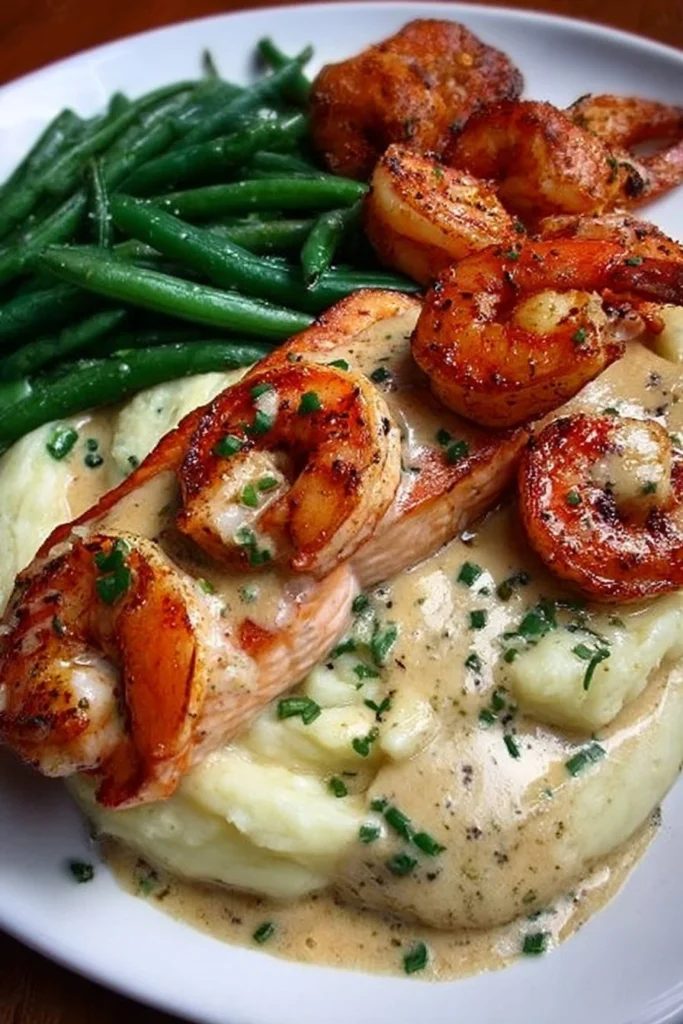 Cajun shrimp and salmon with garlic cream sauce served with mashed potatoes and green beans.