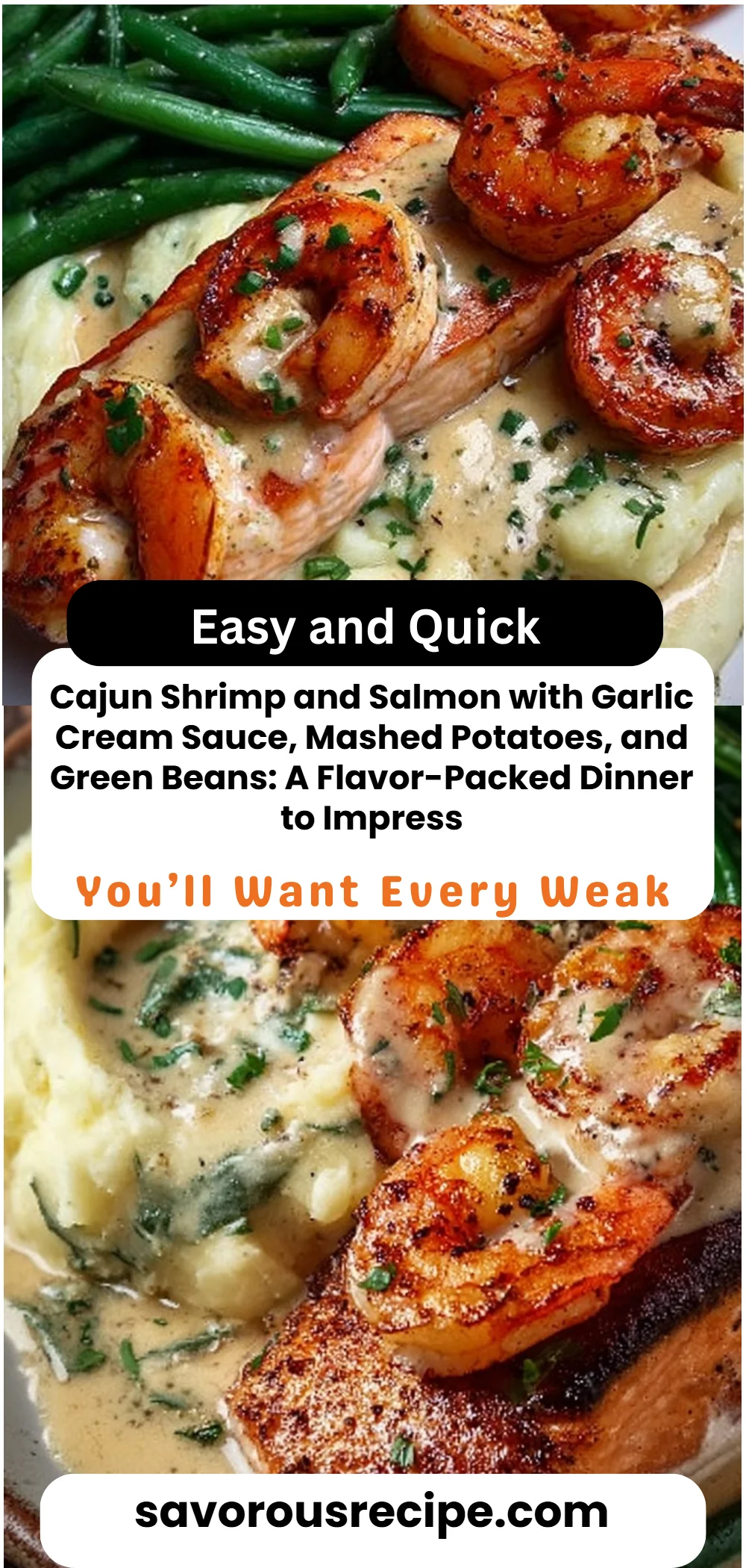 Cajun Shrimp and Salmon with Garlic Cream Sauce, Mashed Potatoes, and Green Beans: A Flavor-Packed Dinner to Impress