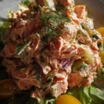 Delicious canned salmon salad served in a bowl with fresh vegetables