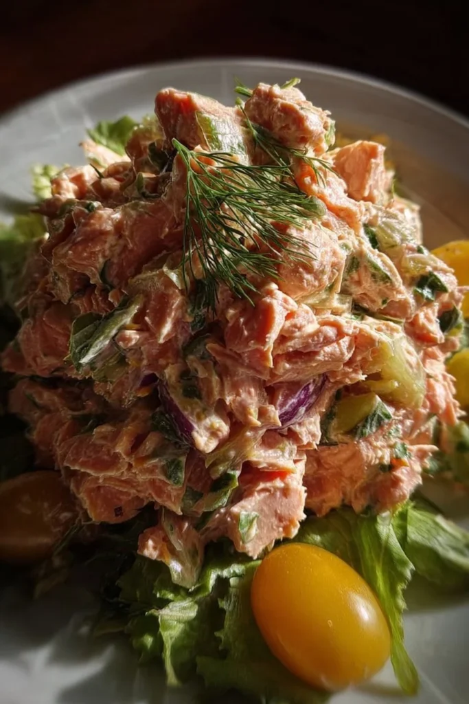 Delicious canned salmon salad served in a bowl with fresh vegetables