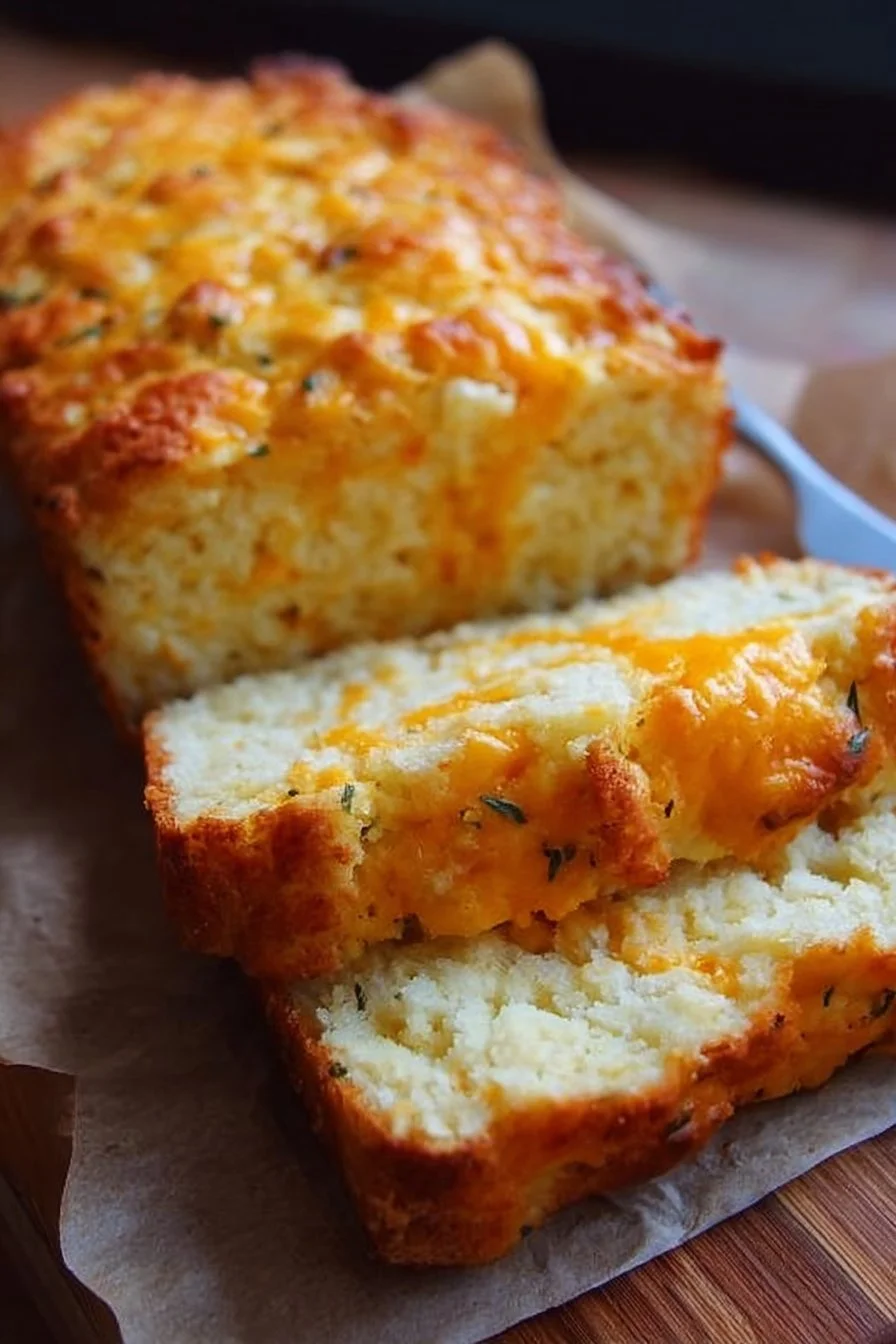Freshly baked cheddar cheese quick bread with a golden crust