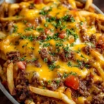 Delicious cheeseburger casserole topped with golden French fries