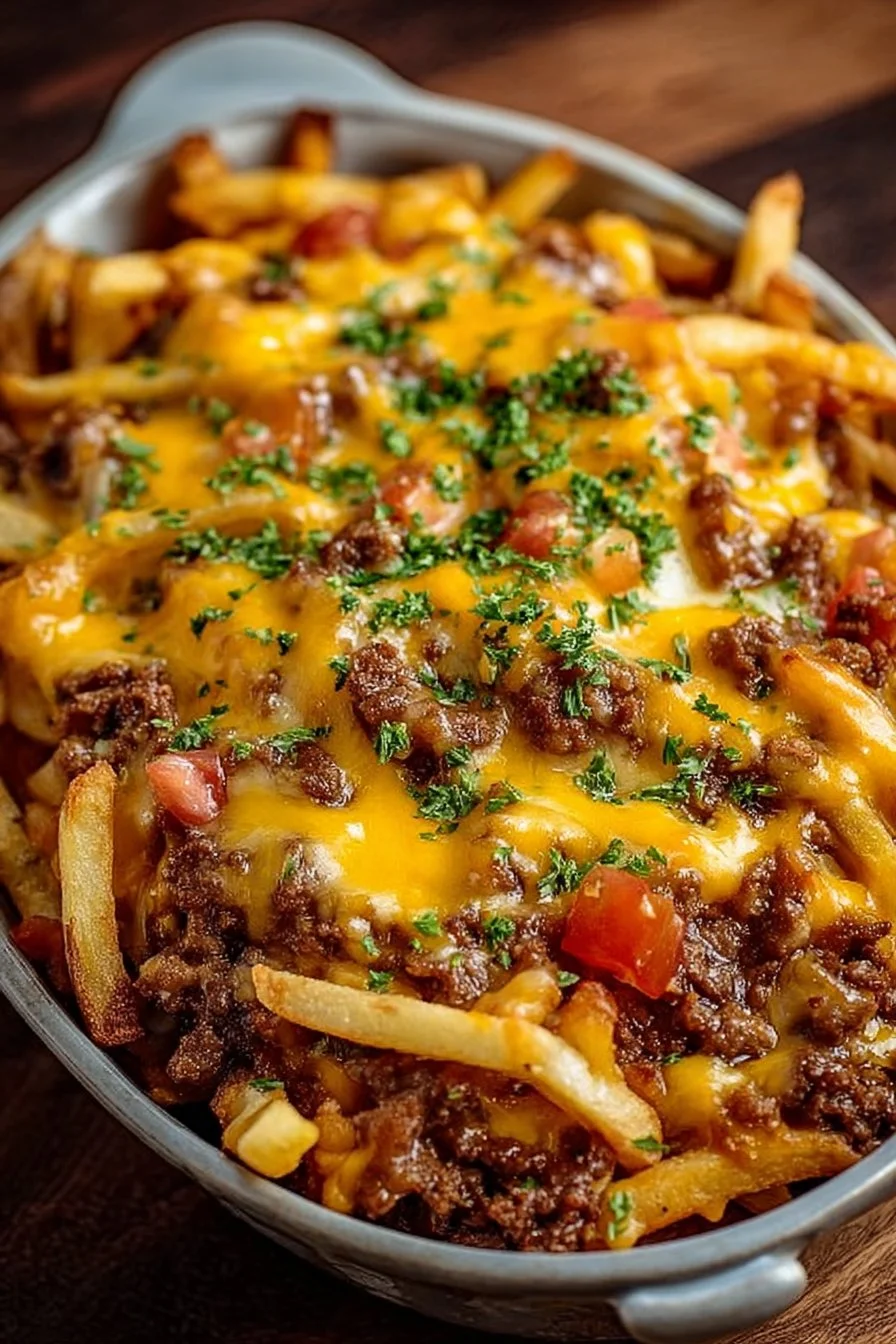 Delicious cheeseburger casserole topped with golden French fries