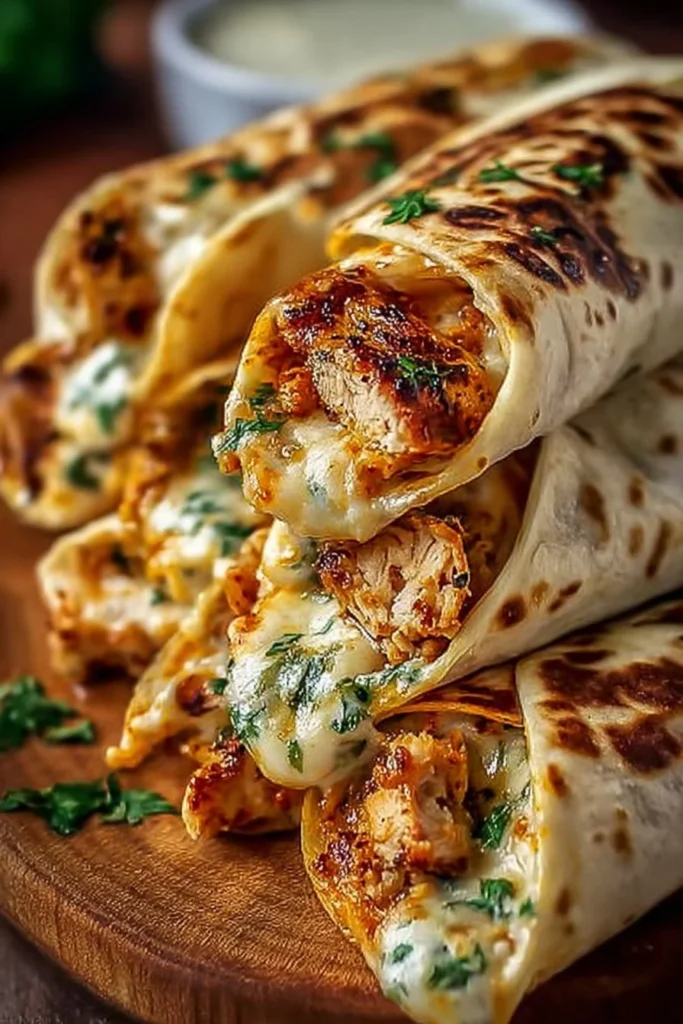 Delicious cheesy garlic chicken wraps ready to serve with fresh ingredients