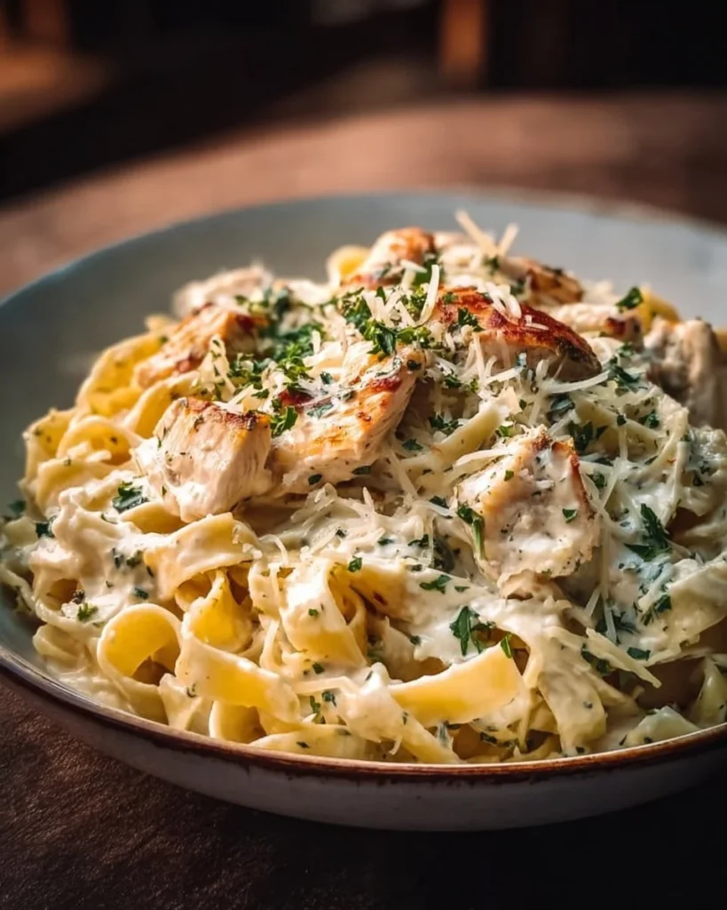 Cheesy One-Pot Chicken Alfredo Pasta served in a bowl