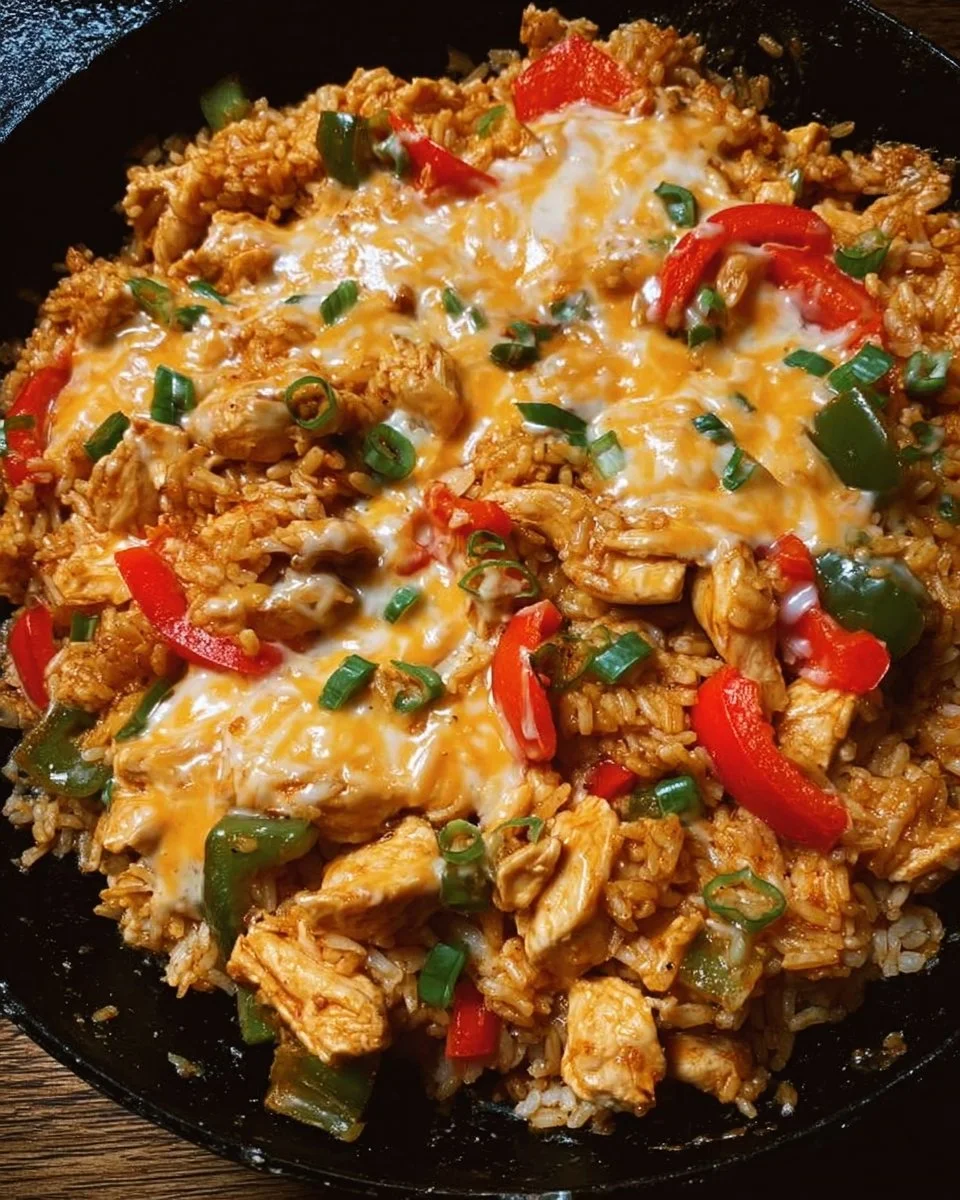 Cheesy Queso Chicken Fajita Rice Skillet served in a colorful dish