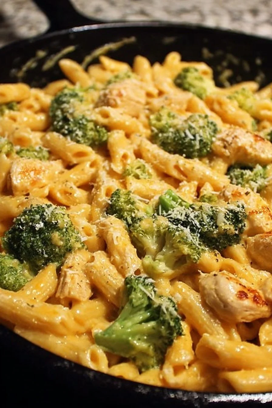 Cheesy Ranch Chicken and Broccoli Pasta Skillet in a pan