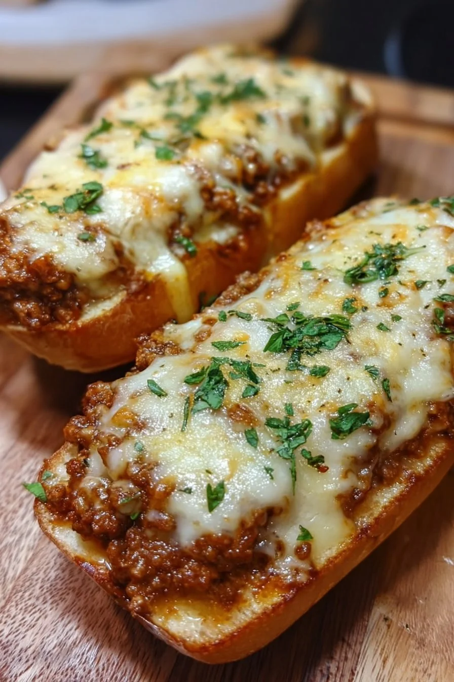 Delicious Cheesy Sloppy Joe Garlic Bread topped with melted cheese and savory filling.