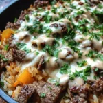 Cheesy Steak and Rice Skillet served in a frying pan with melted cheese