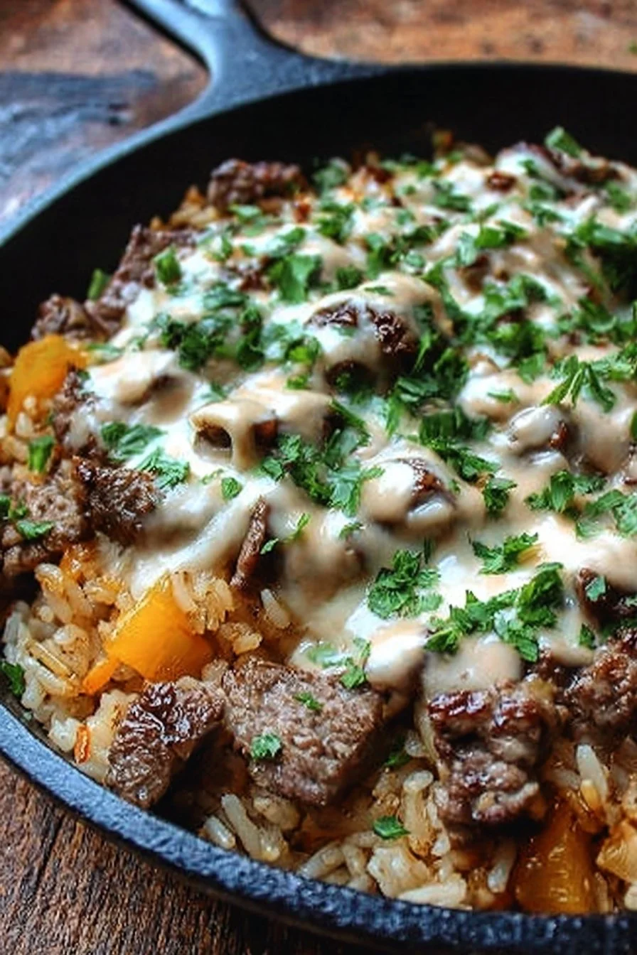 Cheesy Steak and Rice Skillet served in a frying pan with melted cheese