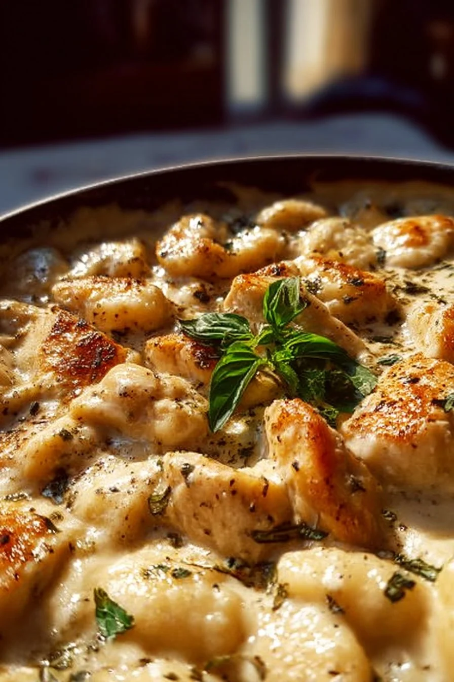 Delicious Chicken Alfredo Gnocchi served in creamy sauce with herbs