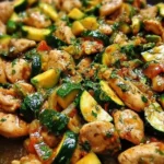 Delicious chicken zucchini skillet dish served in a pan with fresh ingredients.