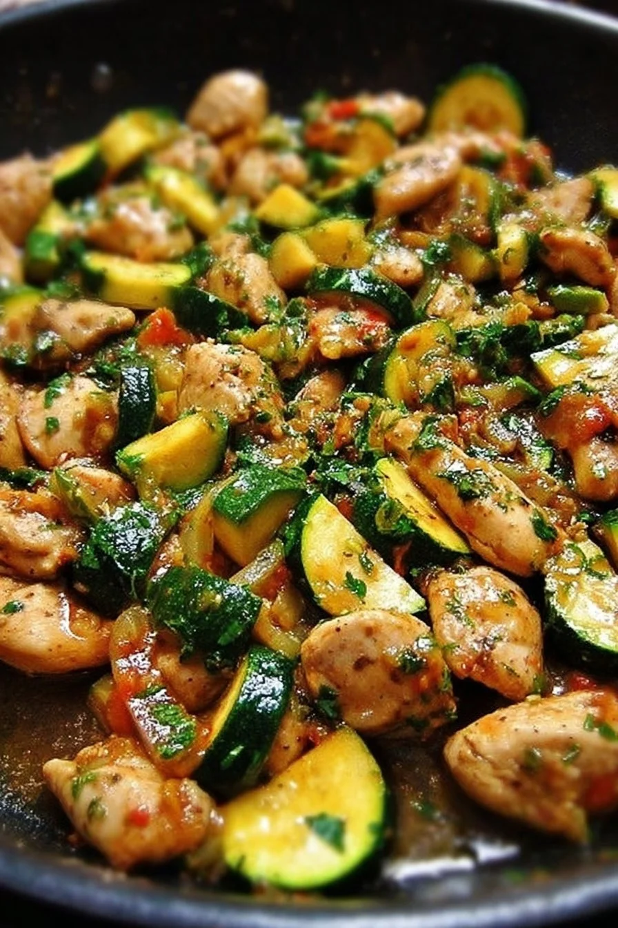 Delicious chicken zucchini skillet dish served in a pan with fresh ingredients.