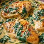 Chicken breasts in creamy spinach parmesan sauce with herbs and spices
