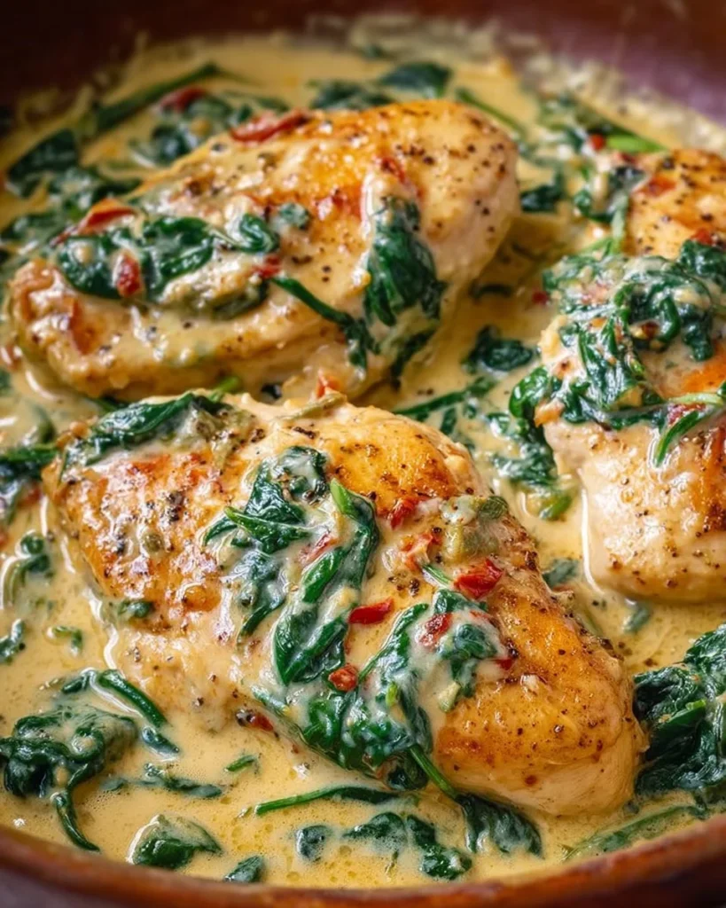 Chicken breasts in creamy spinach parmesan sauce with herbs and spices