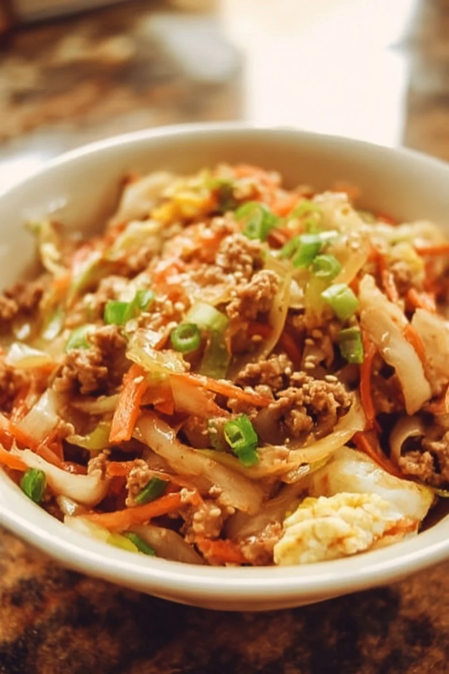 Delicious Chicken Egg Roll in a Bowl garnished with fresh vegetables