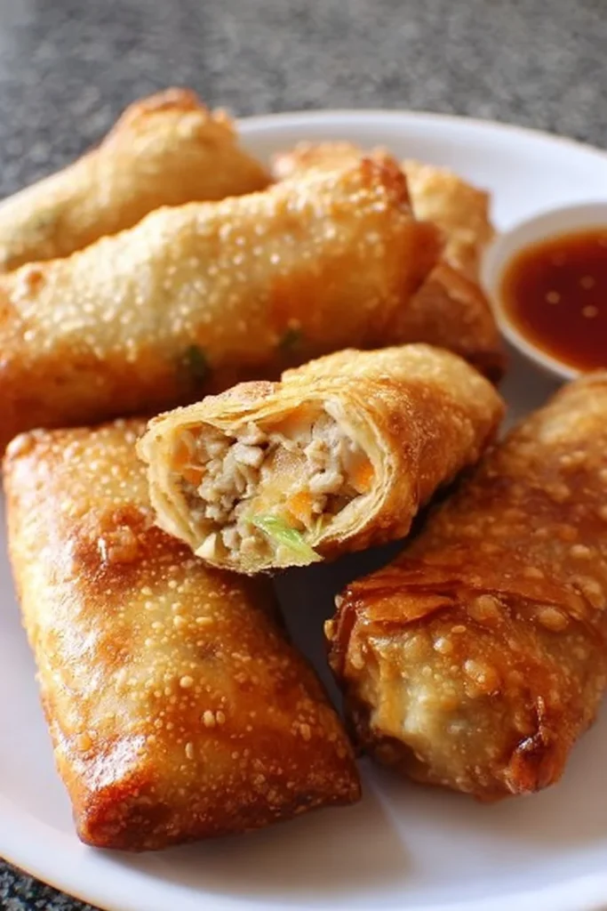 Crispy chicken egg rolls served with dipping sauce