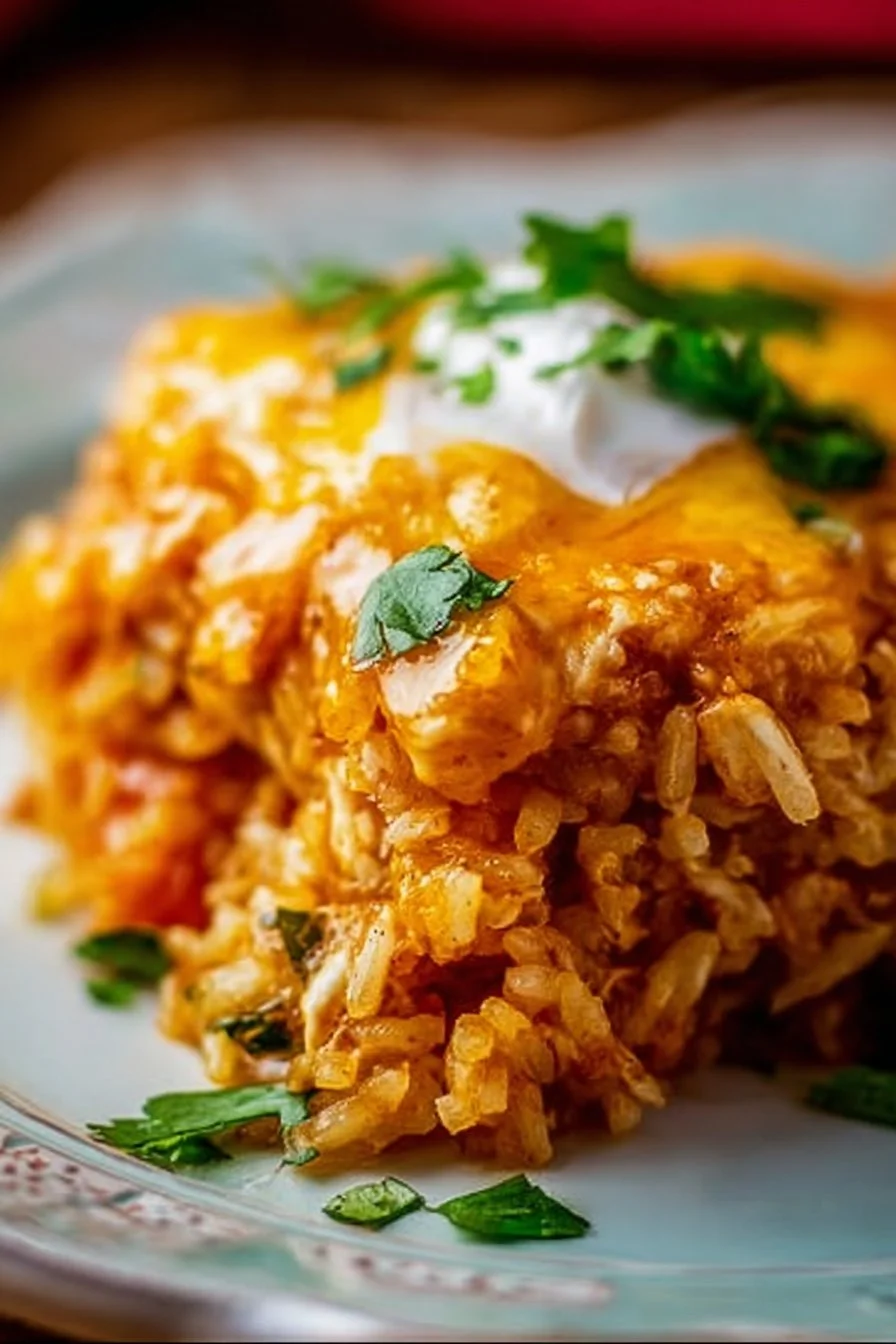 Savory Chicken Enchilada Rice Casserole topped with cheese and spices