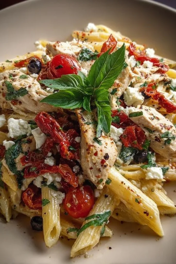 Delicious Chicken Feta Pasta topped with fresh herbs and vegetables