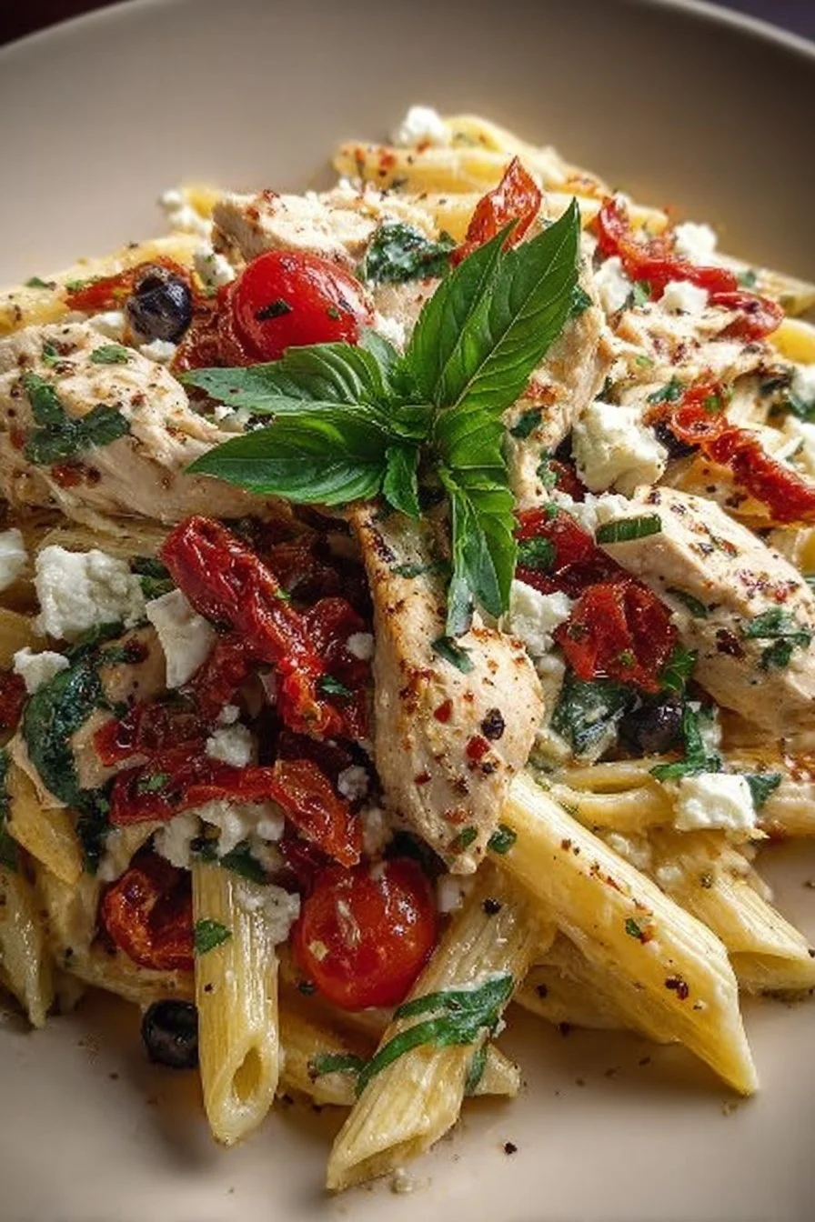 Delicious Chicken Feta Pasta topped with fresh herbs and vegetables