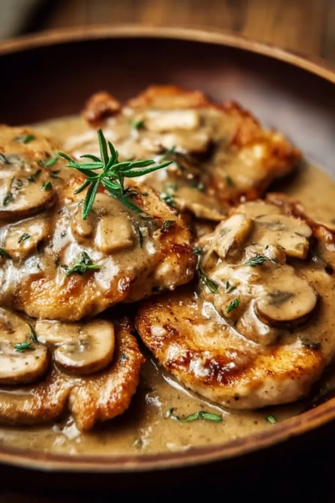 Plate of Chicken Marsala with mushrooms in a flavorful sauce