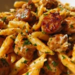 Delicious chicken sausage pasta served in a bowl with fresh herbs and spices