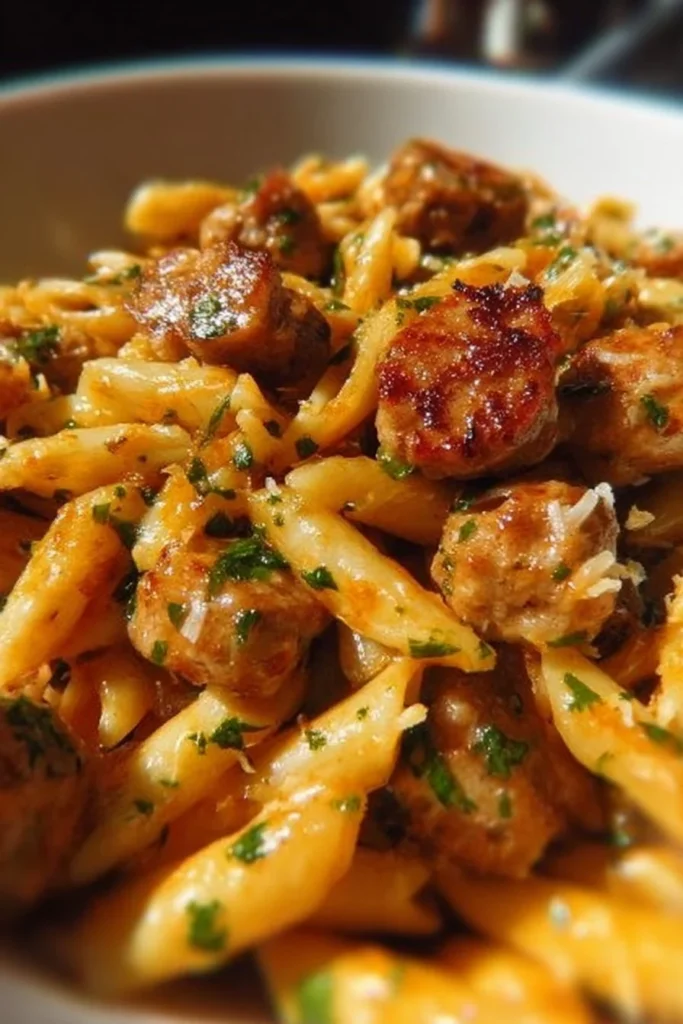 Delicious chicken sausage pasta served in a bowl with fresh herbs and spices
