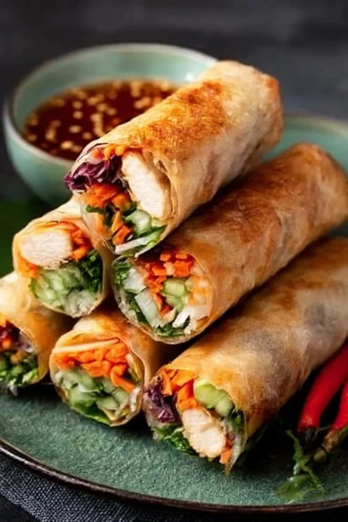 Delicious homemade Chicken Spring Rolls filled with veggies and chicken